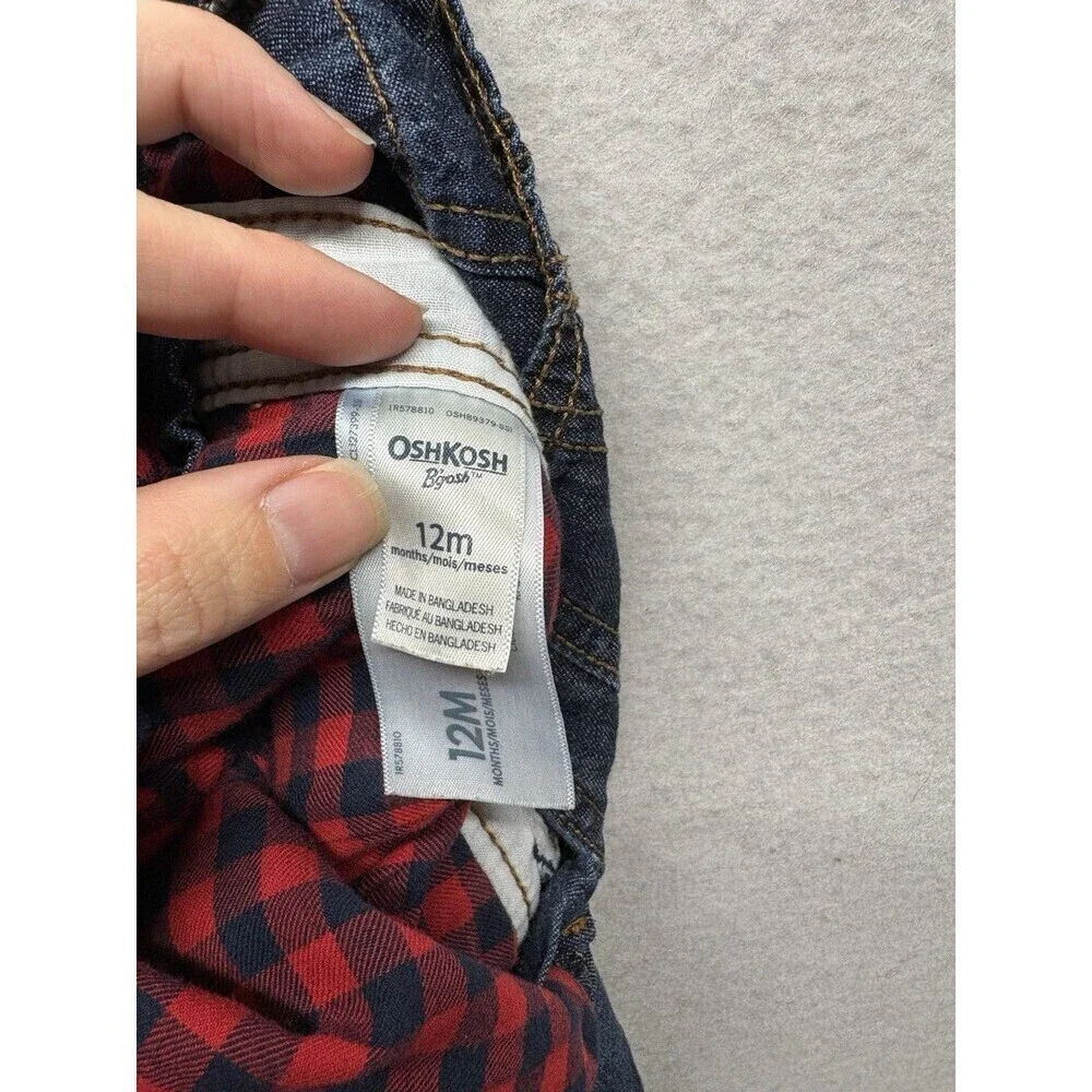 Oshkosh B’Gosh Vestbak Flannel Lined Buffalo Plaid Jean Denim Overalls 12 Months